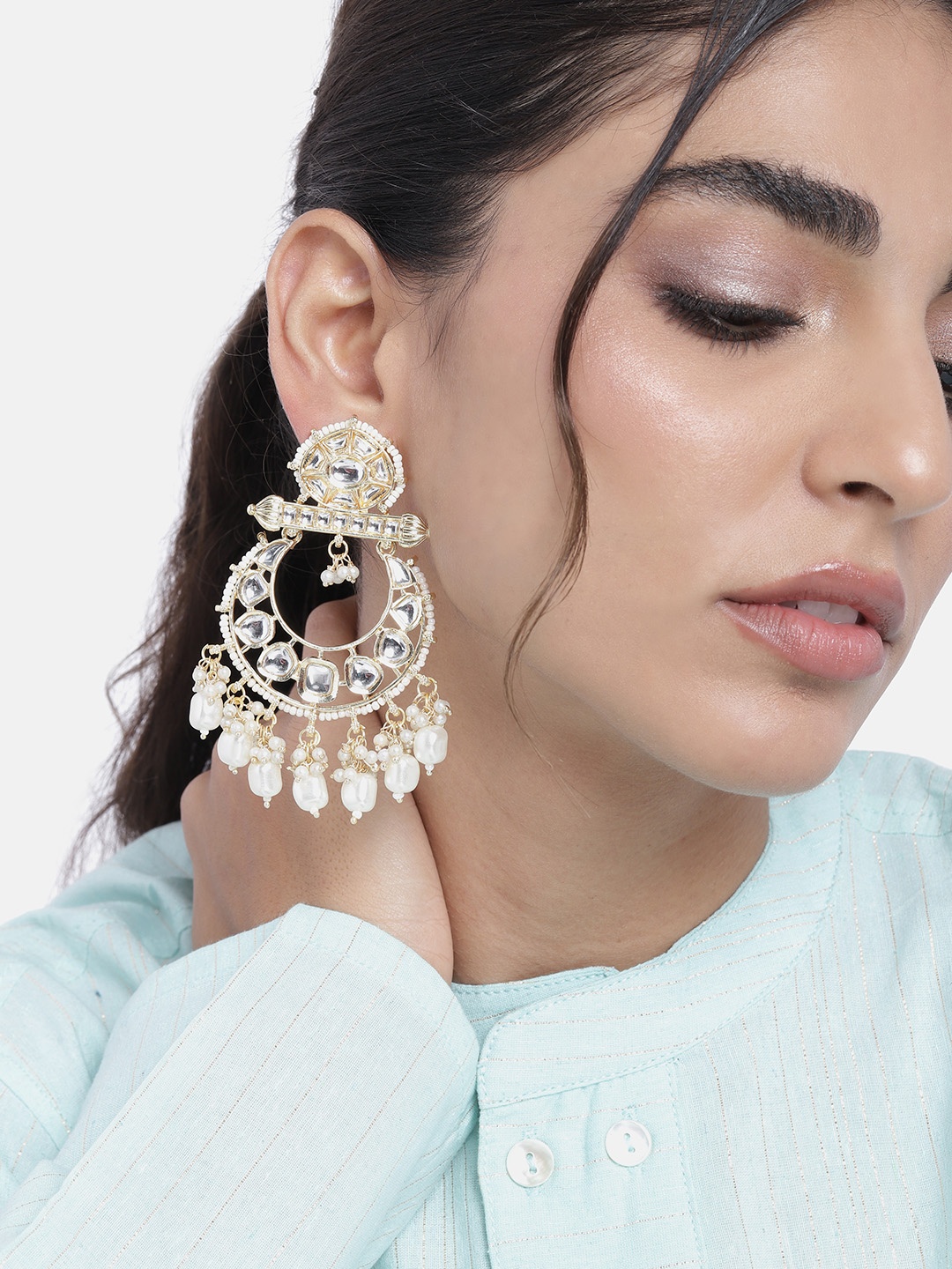

Peora White Traditional Gold Plated Kundan & Pearl Chandbalis