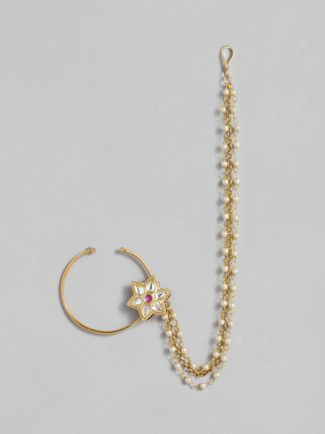 

Peora Gold-Plated Kundan Studded Floral Nose Ring Nath without Piercing with Chain