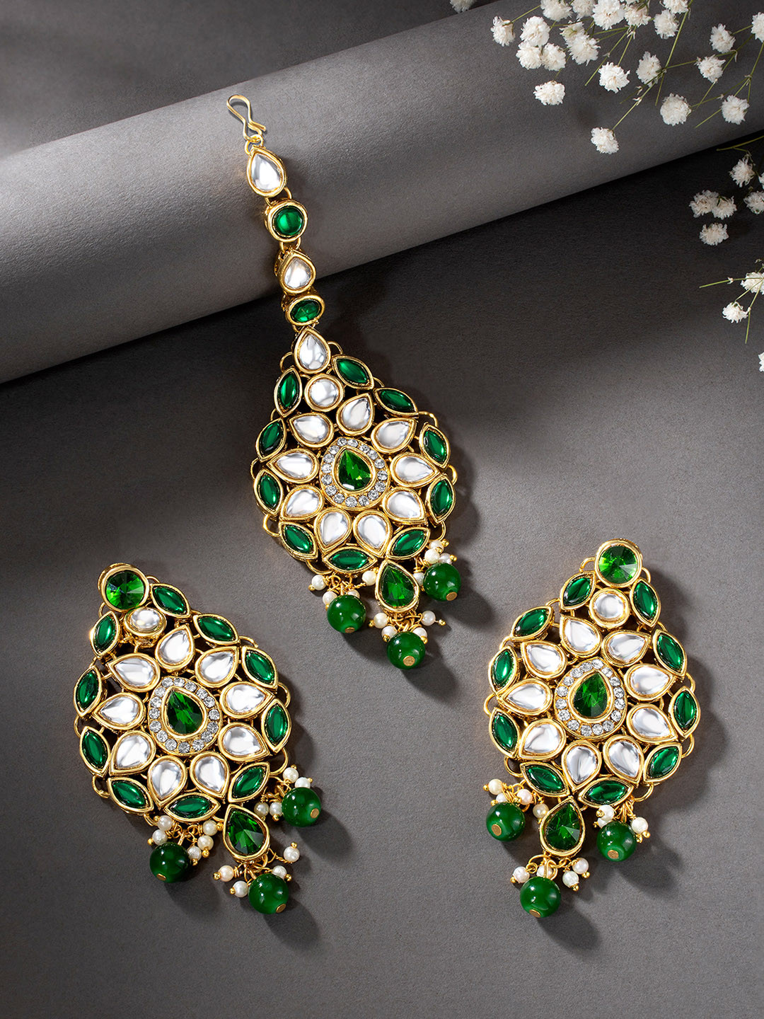 

Peora Gold Plated Traditional Kundan Pearl Dangle Earrings with Maang Tikka, Green