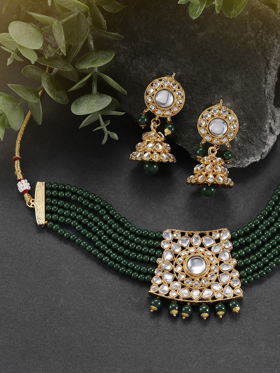 

Peora Gold-Plated Green Kundan Pearl Choker Necklace with Earrings