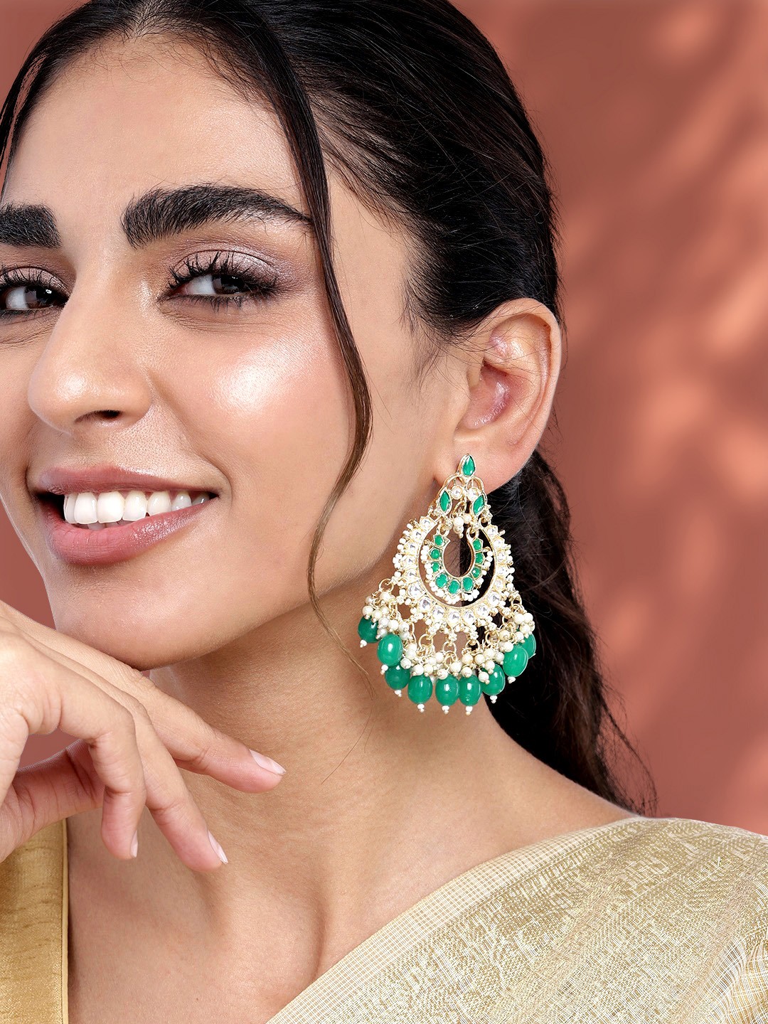 

Peora Green & Gold-Plated Teardrop Shaped Chandbalis Earrings