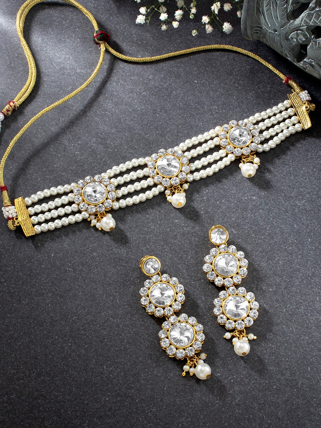 

Peora Gold-Plated & White Beaded Stone Studded Choker Necklace with Earring Set