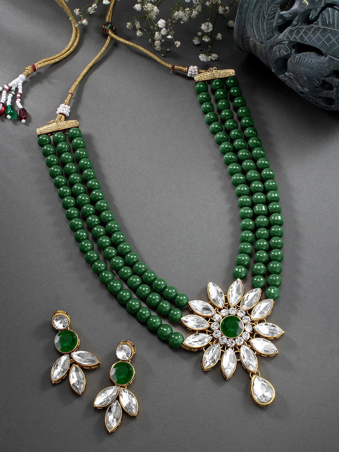 

Peora Gold-Plated & Green Crystal Studded Jewellery Set