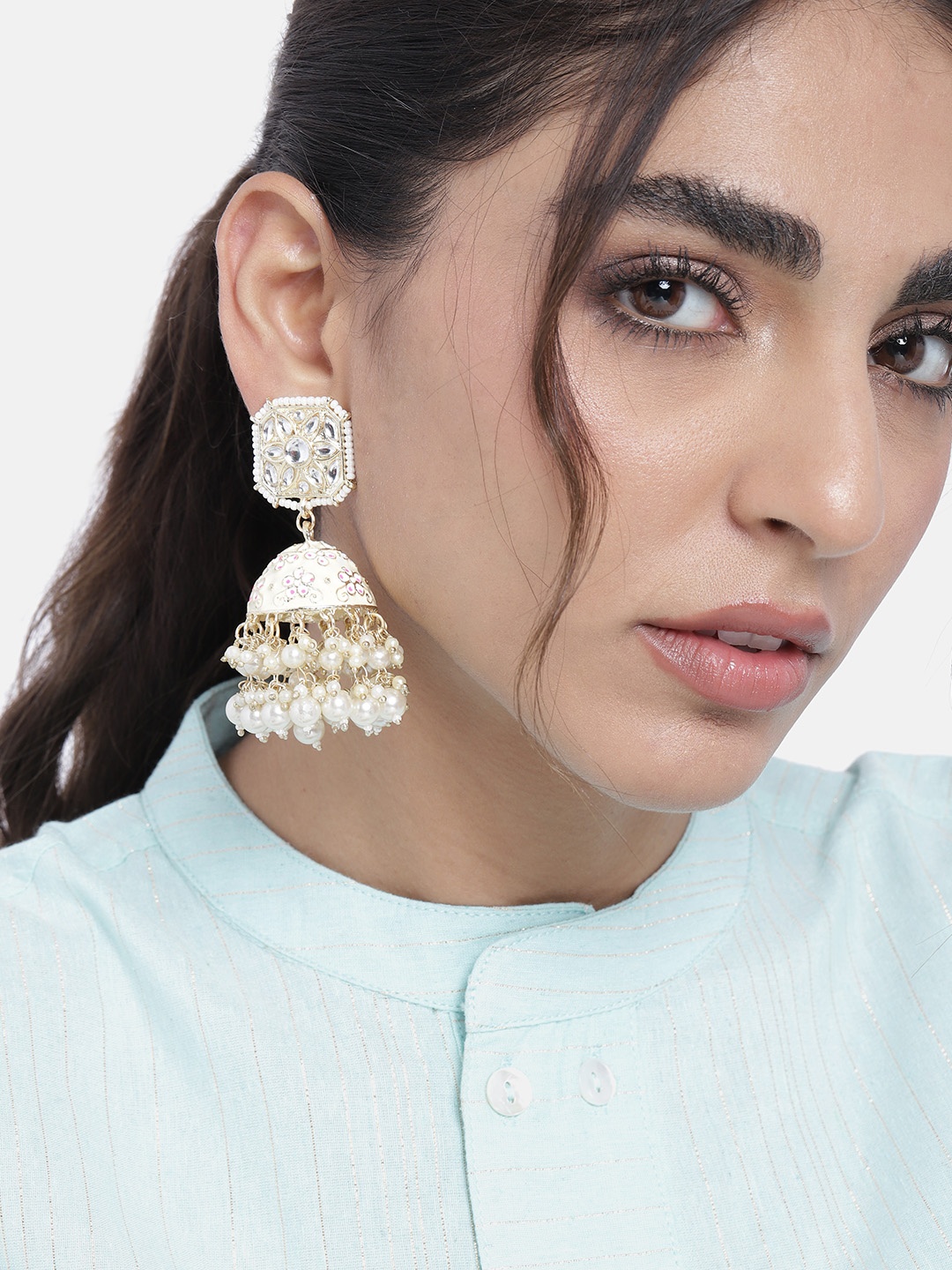 

Peora Cream-Coloured Gold Plated Enamel Meenakari Kundan Pearls Jhumkas