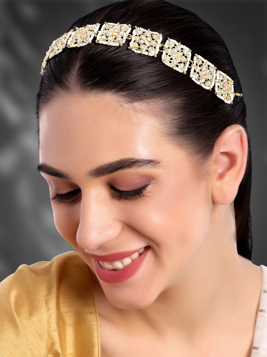 

Peora Gold-Plated White Floral Kundan Pearl Studded Sheeshphool