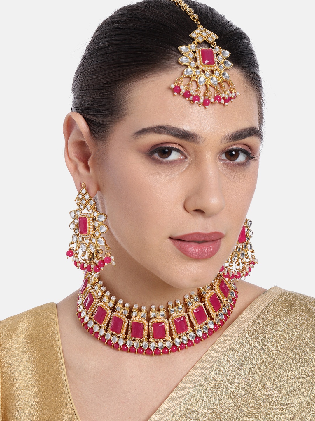

Peora Gold-Plated Pink Kundan Pearls Necklace Earring Maang Tikka Jewellery Set