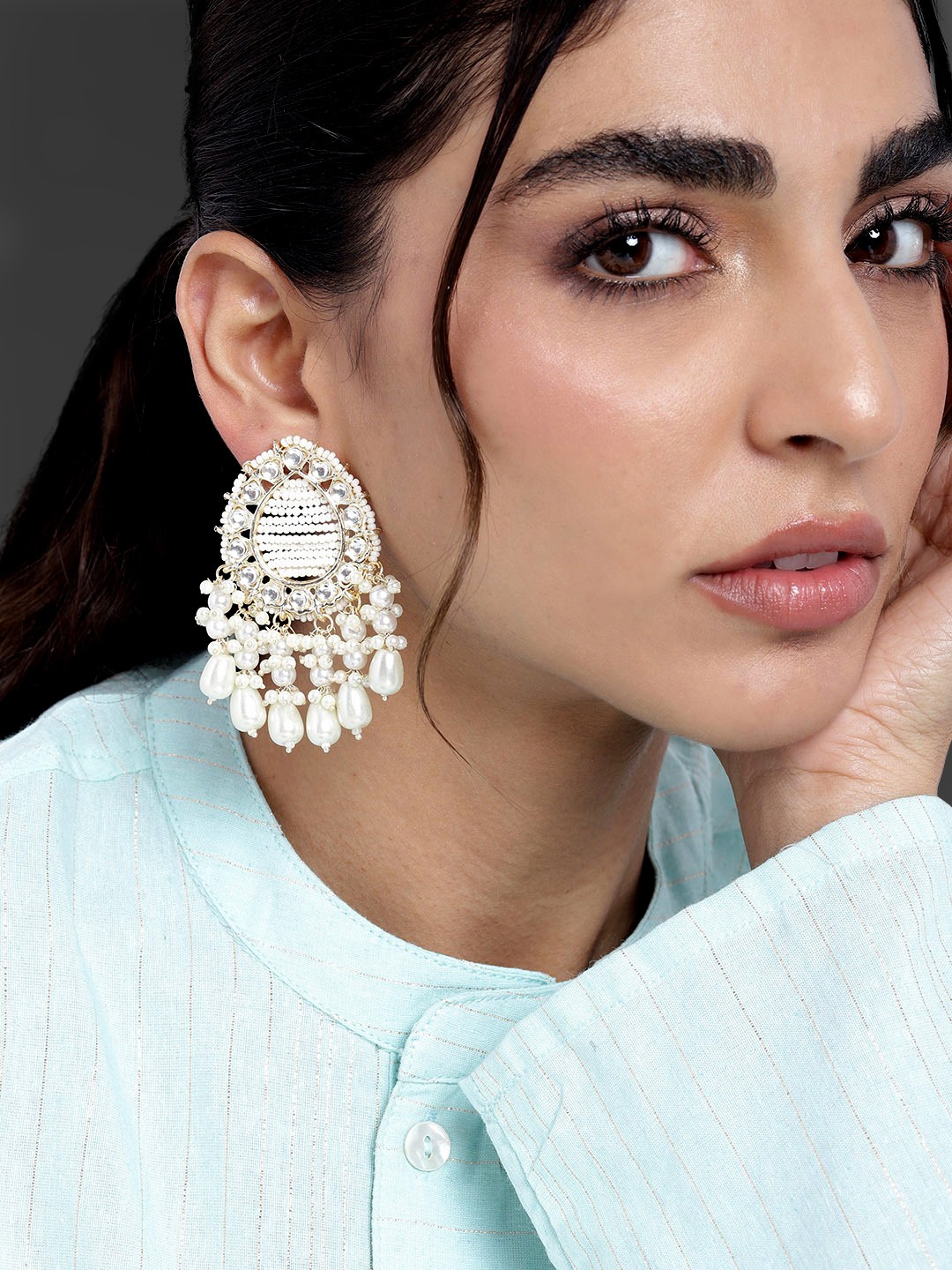 

Peora White Gold Plated Indian Traditional Kundan Pearl Dangle Earring
