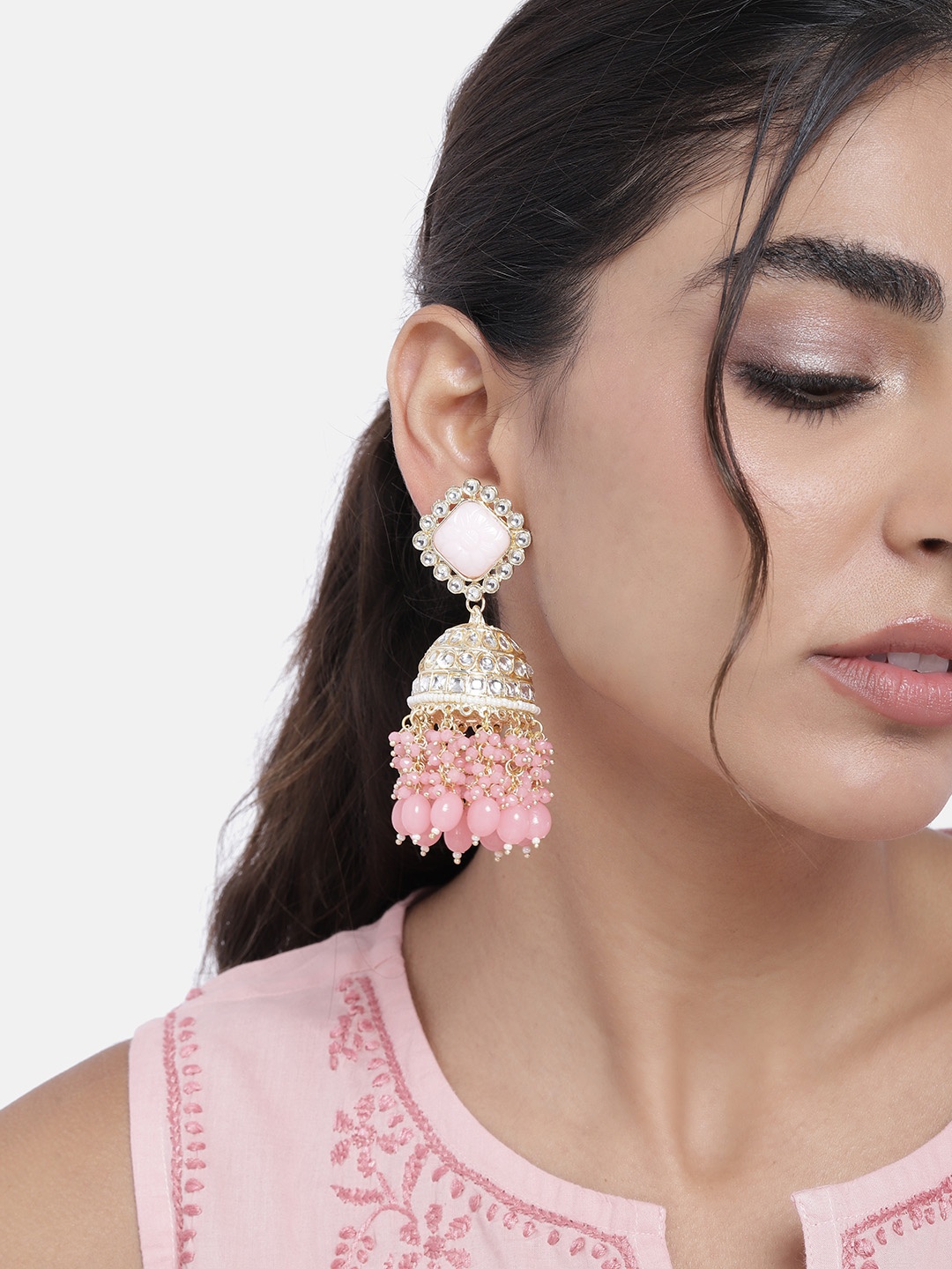 

Peora Pink Gold Plated Faux Pearls with Kundan Studded Jhumkas