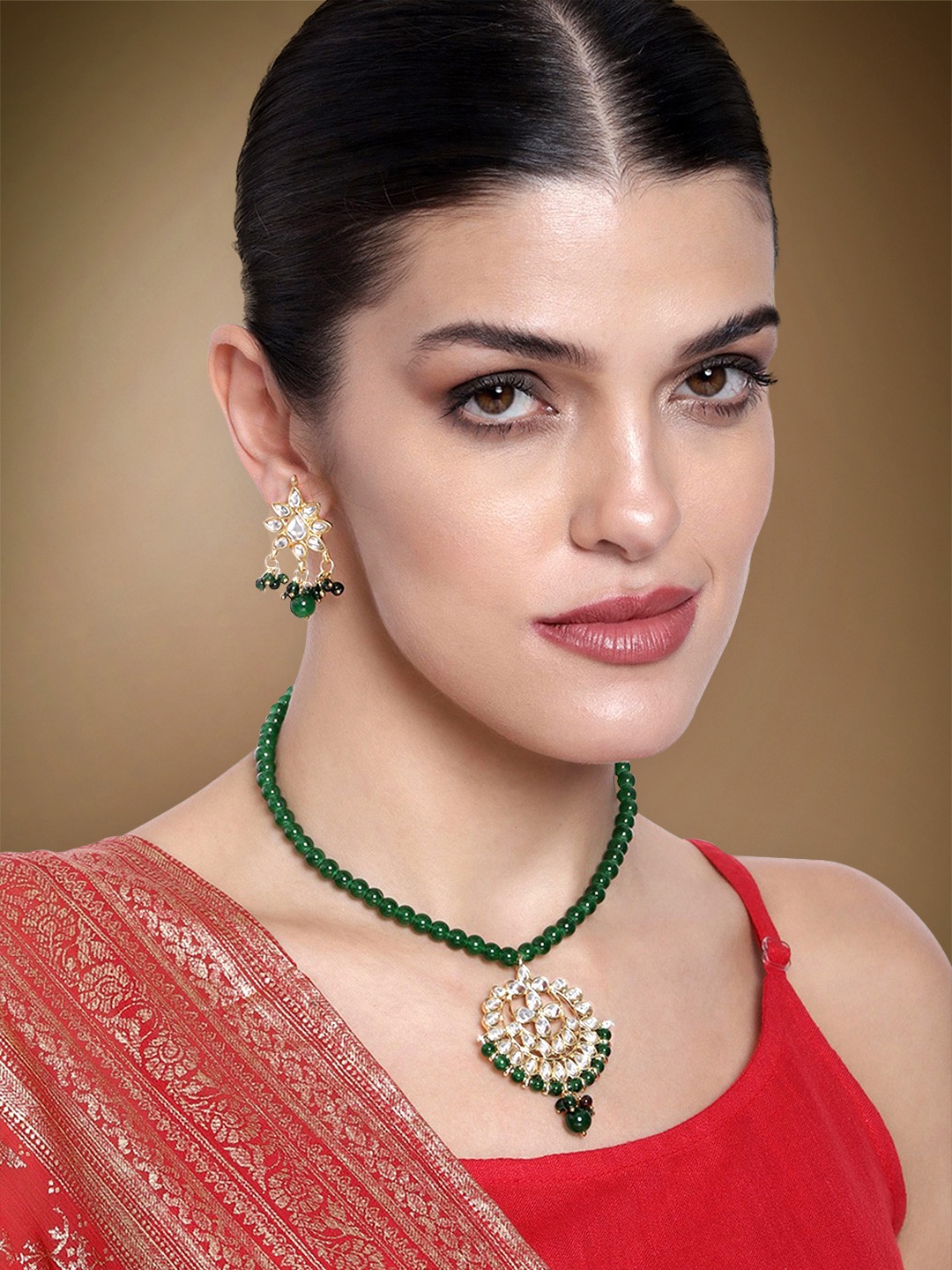 

Peora Green Gold-Plated Kundan Beads Embellished Long Necklace Jewellery Set