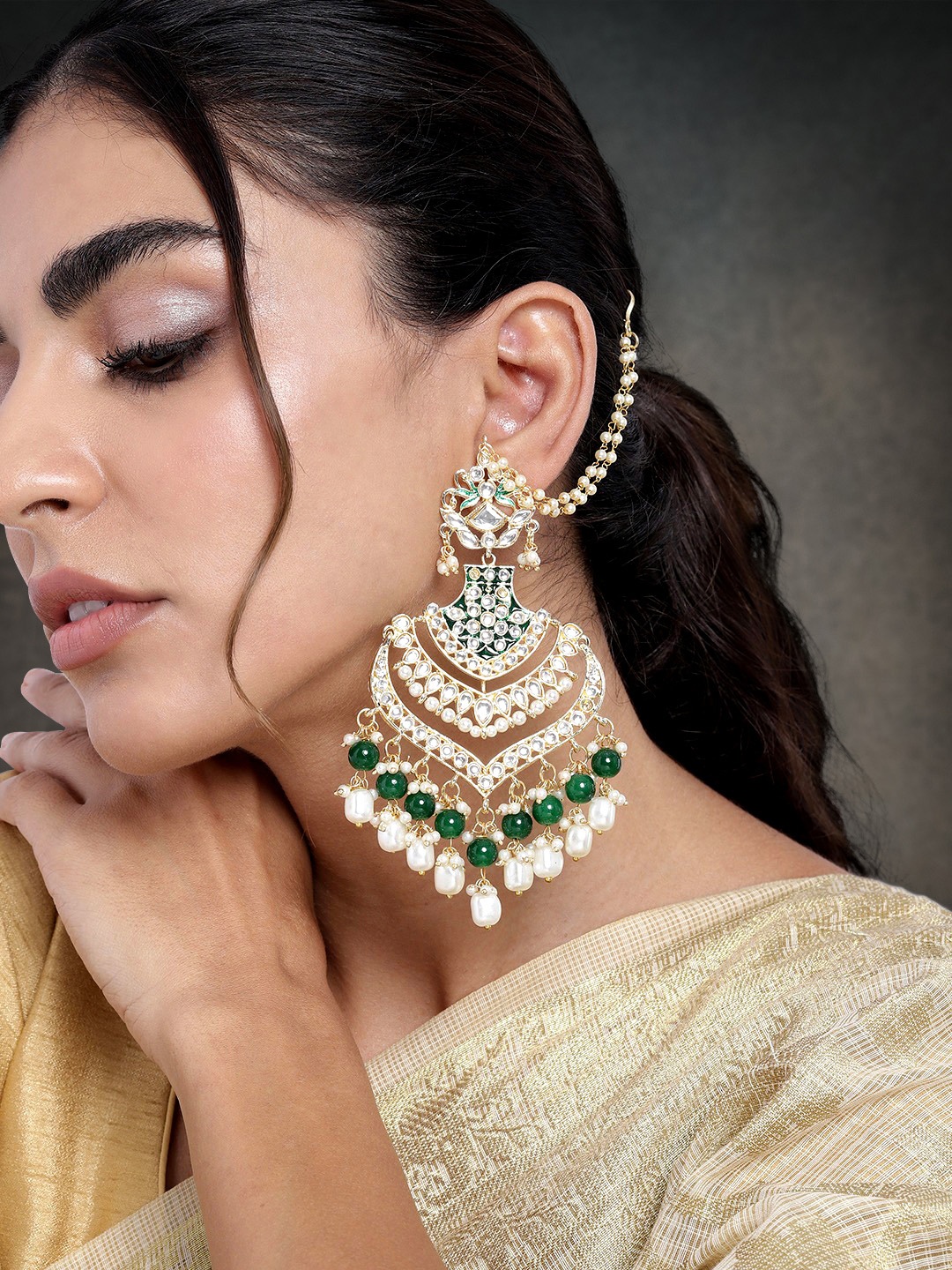 

Peora Green & Gold-Plated Teardrop Shaped Drop Earrings