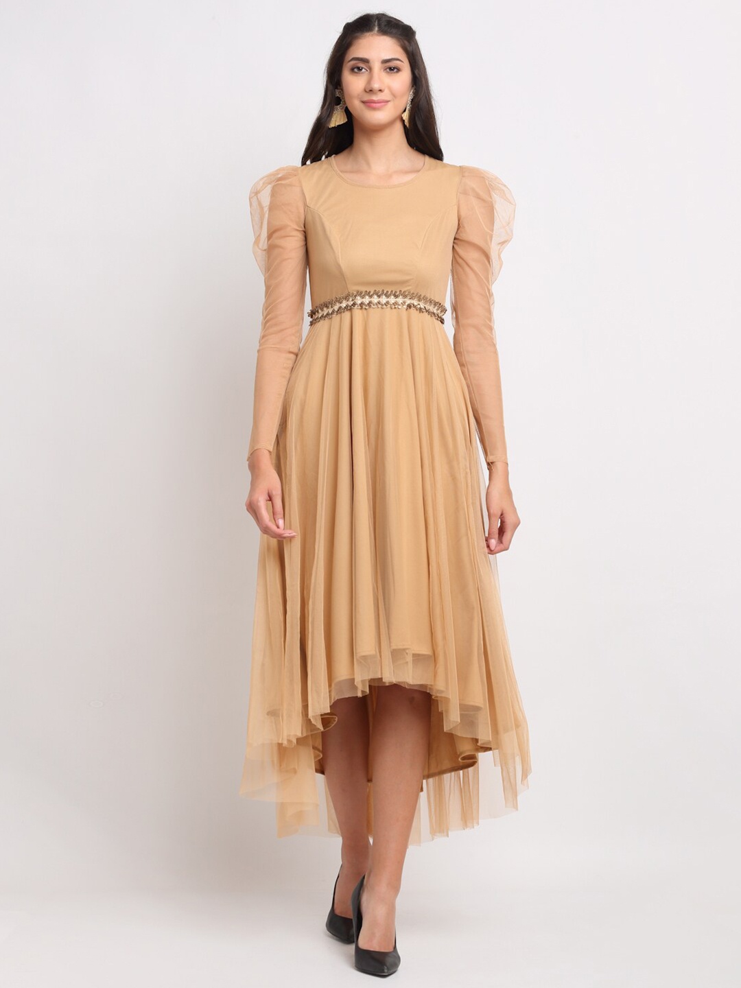 

Just Wow Women Beige Net Midi Dress