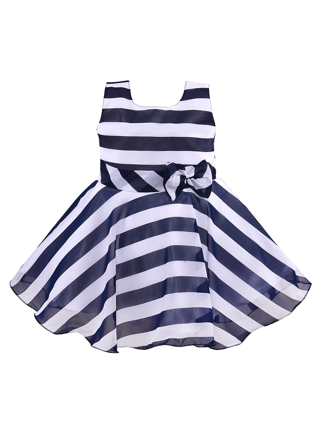 

Wish Karo Navy Blue & White Striped Georgette Dress with Bow