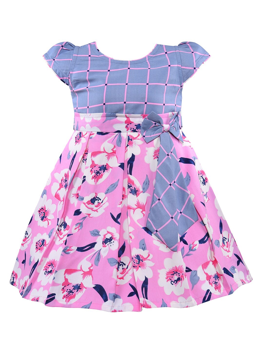 

Wish Karo Pink & Blue Floral Satin Dress with Bow