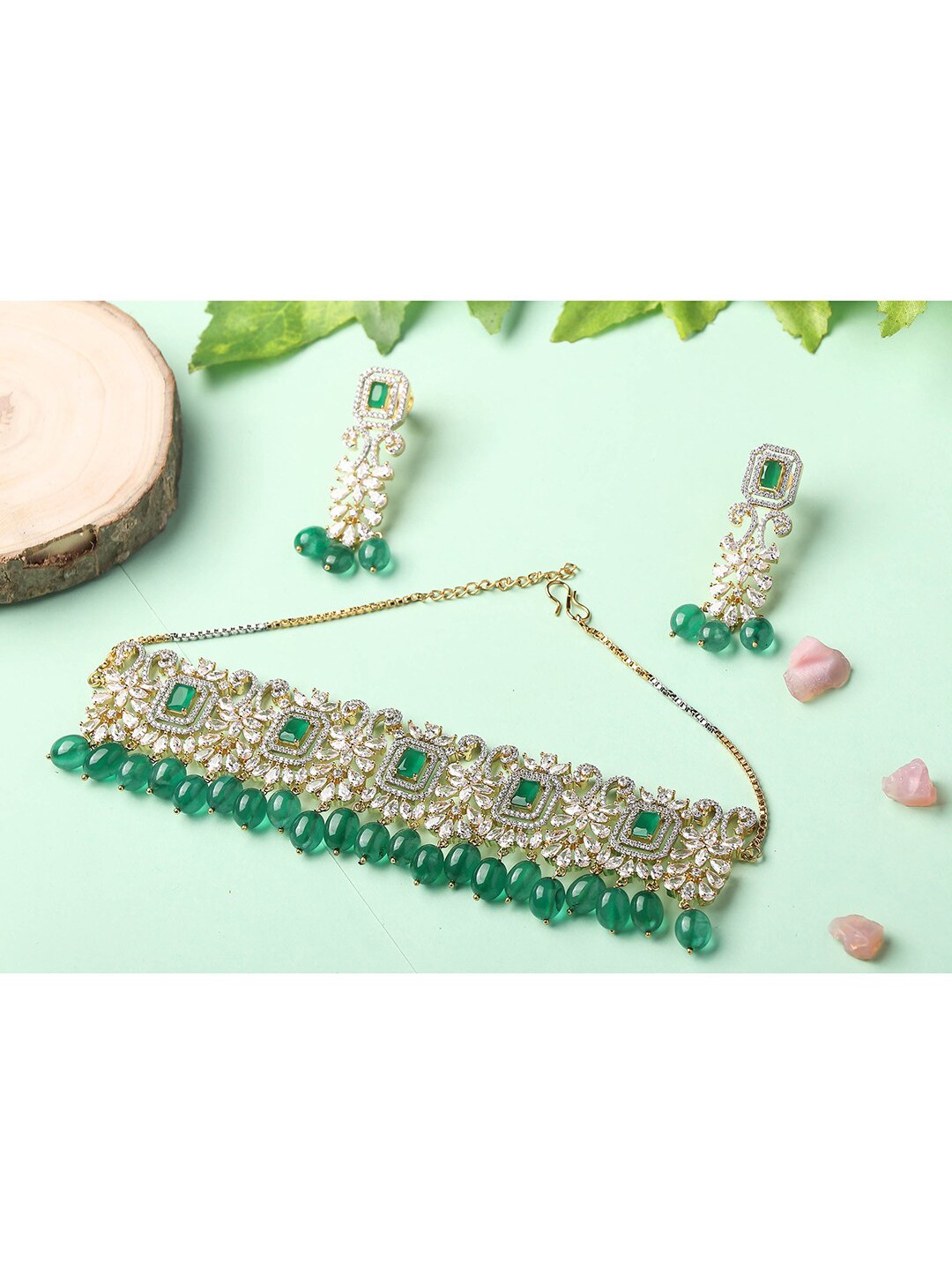 

AURAA TRENDS Women Rhodium-Plated Green AD Sudded Jewellery Set