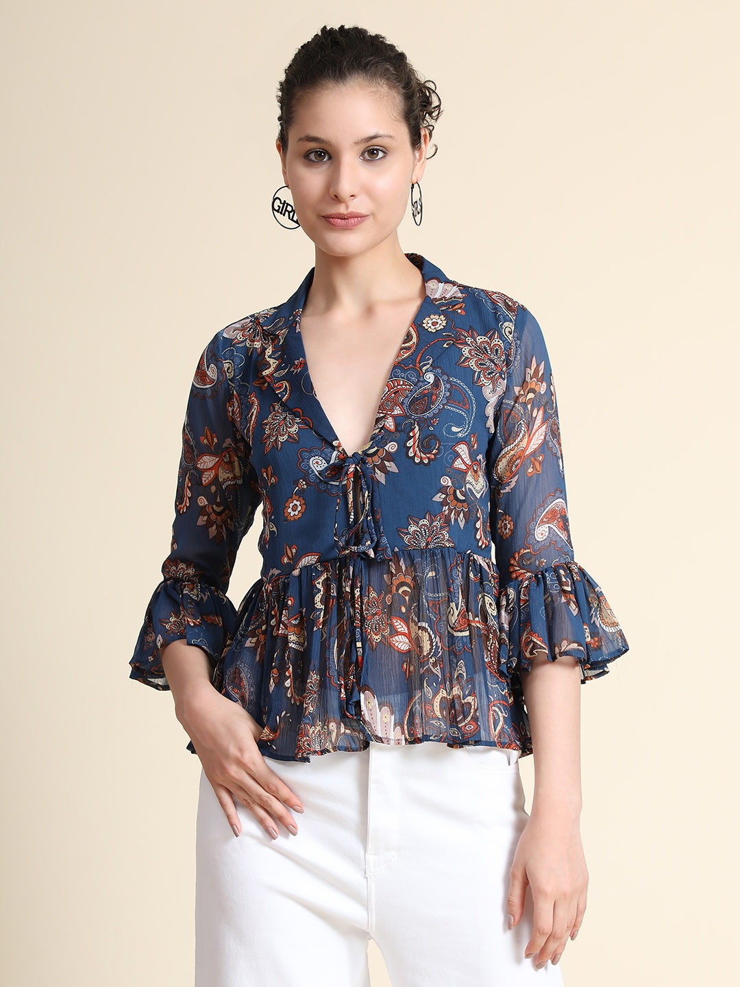 

KERI PERRY Paisley Printed Lapel Collar Bell Sleeves Peplum Top, Navy blue