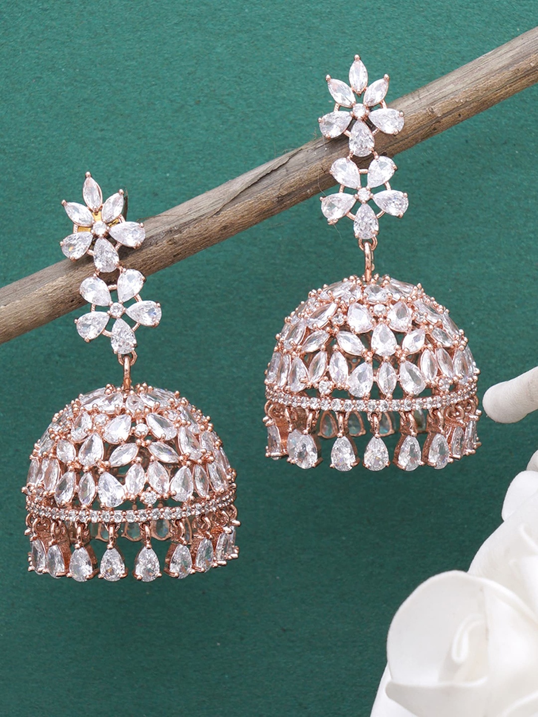

KARATCART Pink Gold Plated American Diamond Dome Shaped Jhumkas Earrings