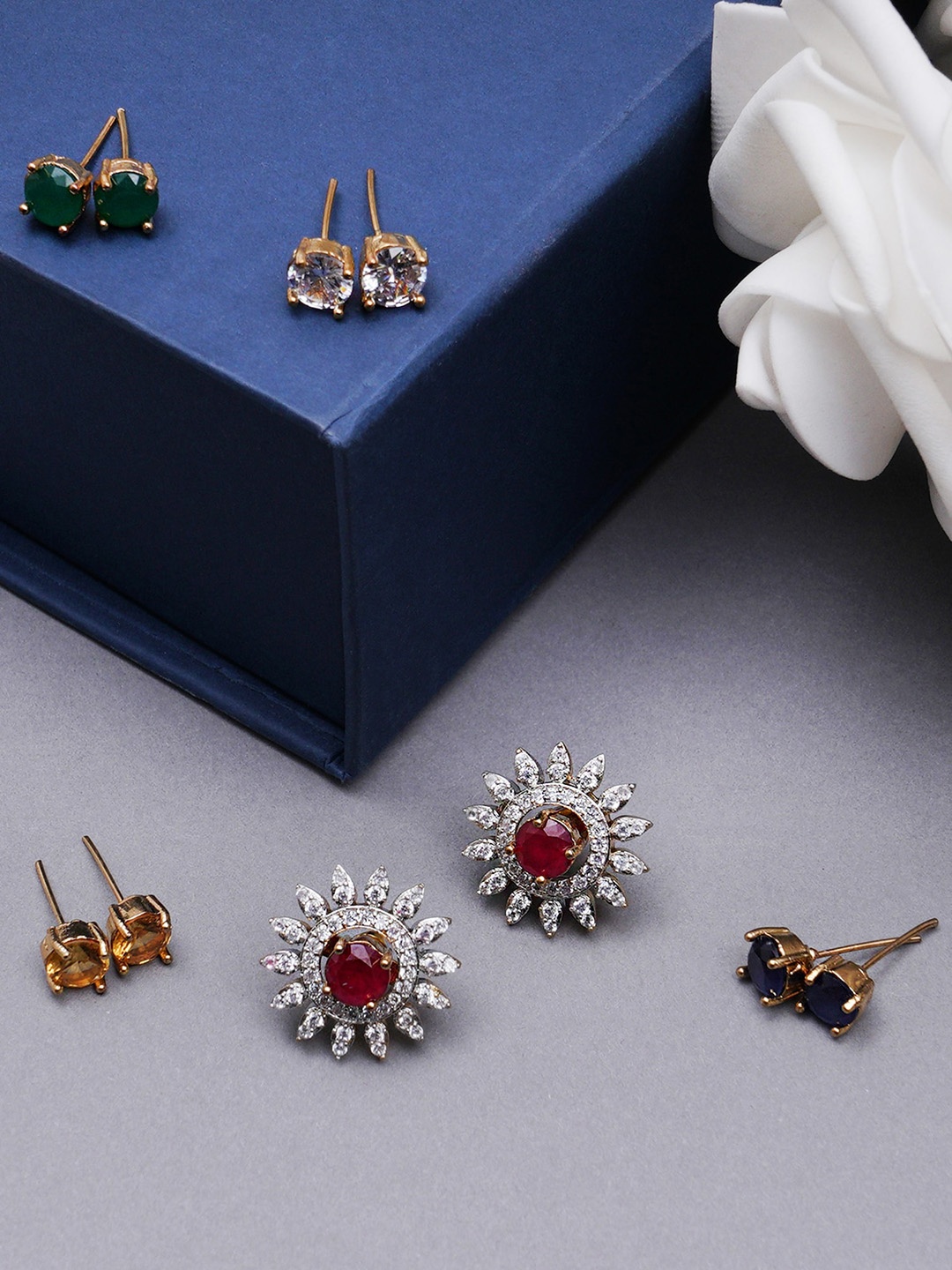 

KARATCART Pack of 5 Silver-Toned & Red Floral Studs Earrings
