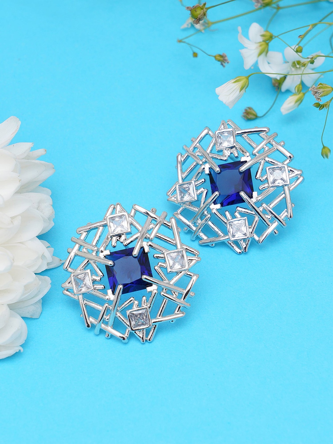 

KARATCART Blue Silver Tone Contemporary American Diamond Studs Earrings