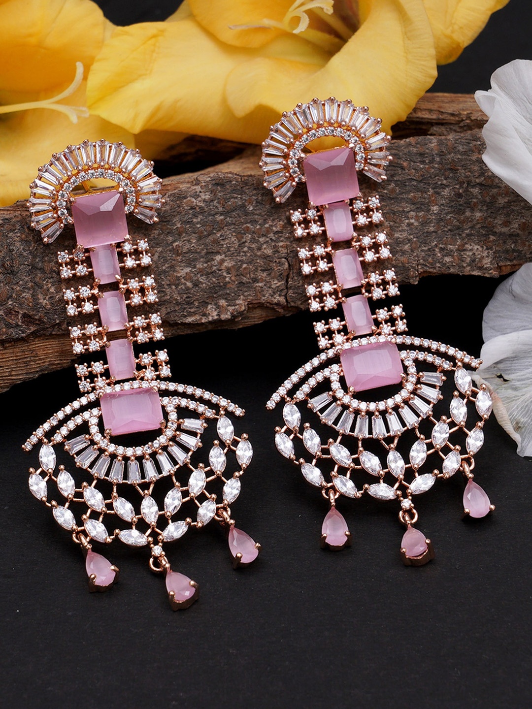 

KARATCART Pink Silver Toned AD and Cubic Zirconia Classic Drop Earrings