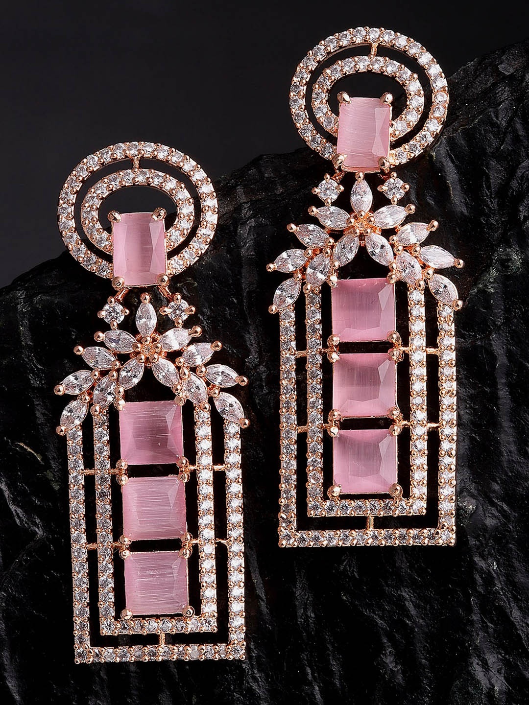 

KARATCART Pink Rose Gold Plated Floral American Diamond Drop Earrings