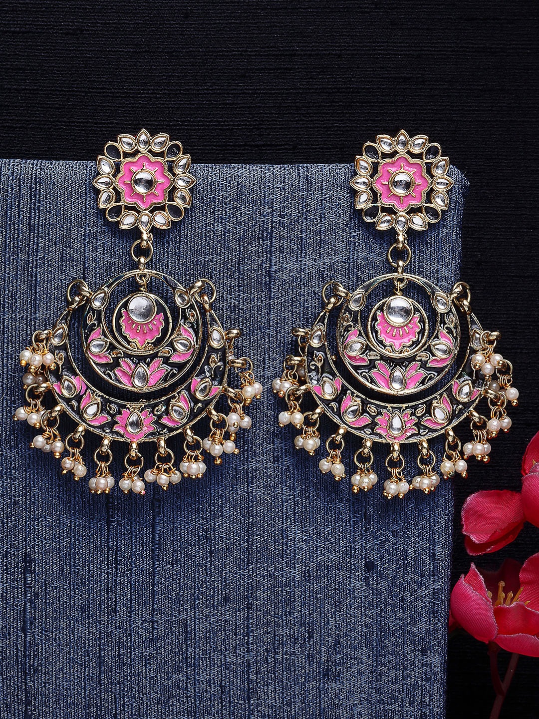 

KARATCART Pink Gold-Plated Floral Meena Kundan Chandbalis Earrings