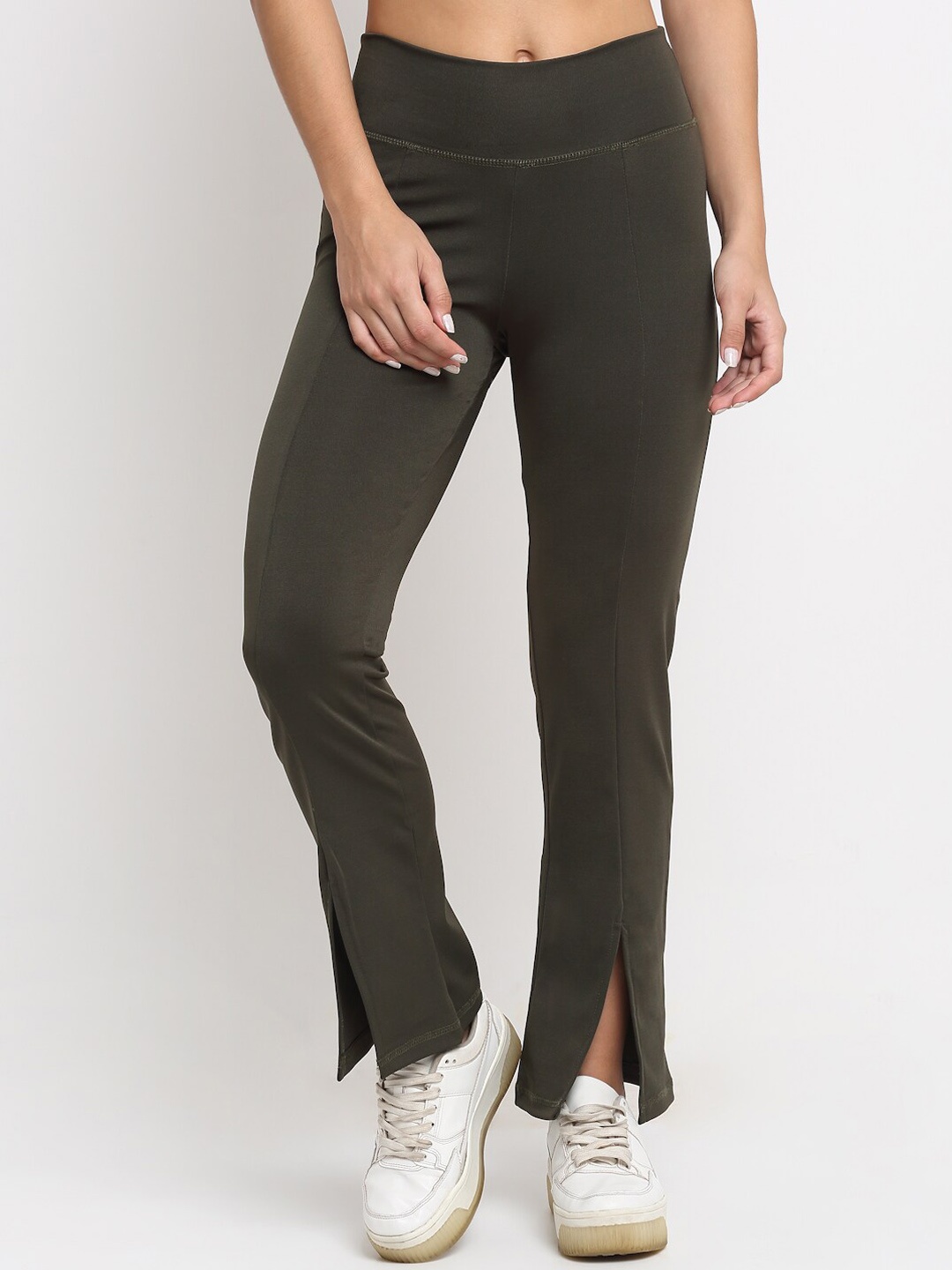 

EVERDION Women Olive Green High Rise Front Slit Yoga Pant