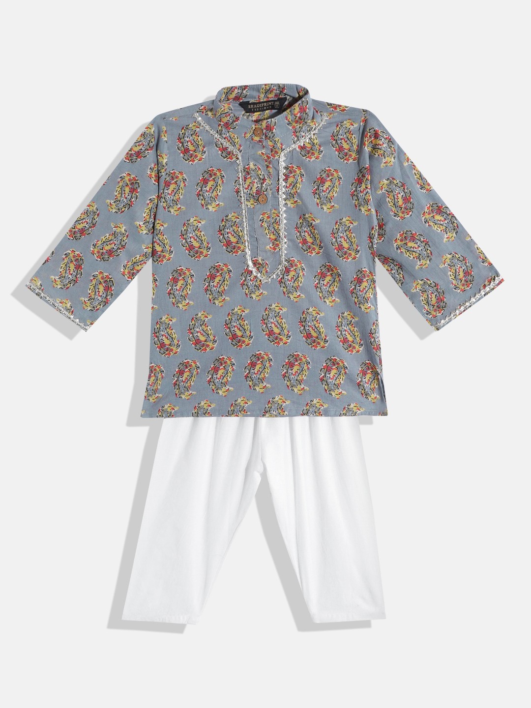 

Readiprint Fashions Boys Grey Cotton Ethnic Motifs Printed Gotta Patti Kurta with Pyjamas
