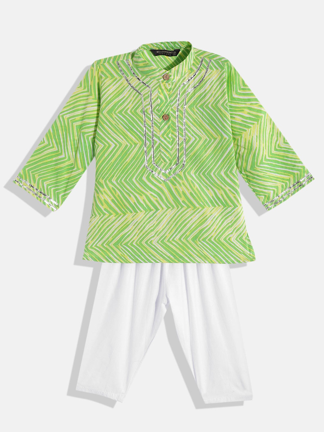 

Readiprint Fashions Boys Green Pure Cotton Chevron Printed Gotta Patti Kurta with Pyjamas