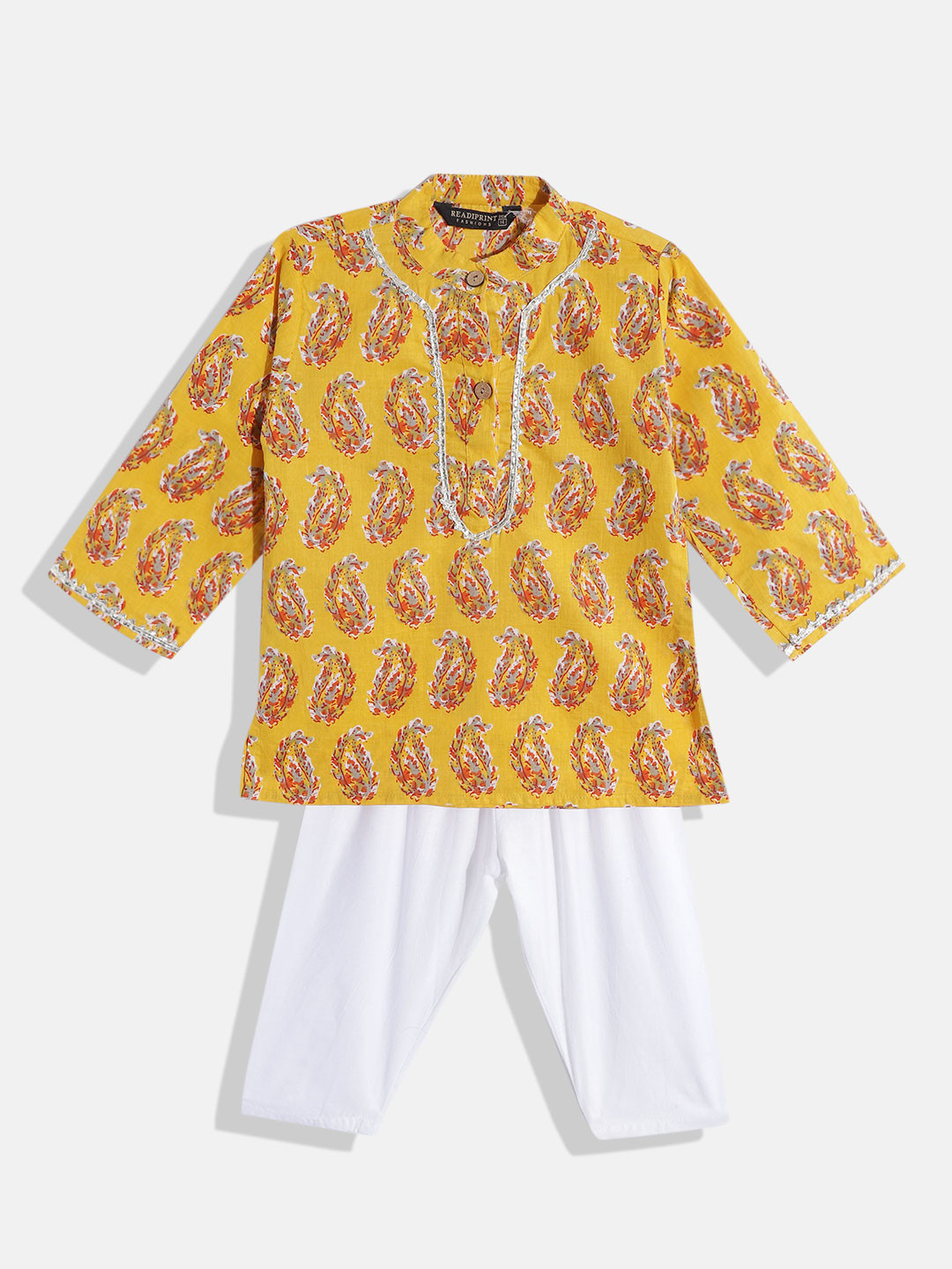 

Readiprint Fashions Boys Yellow Pure Cotton Paisley Printed Gotta Patti Kurta with Pyjamas