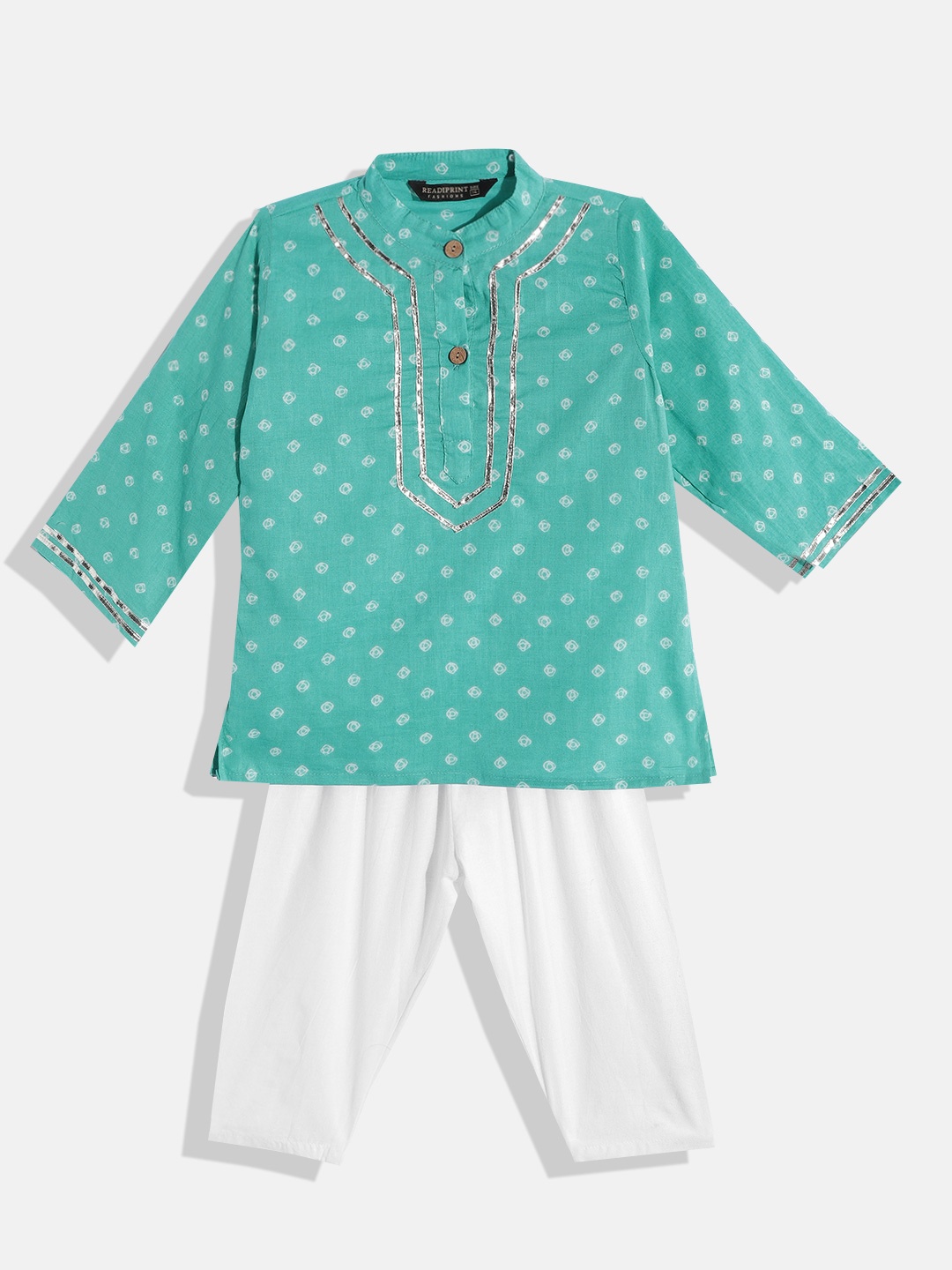 

Readiprint Fashions Boys Blue Pure Cotton Bandhani Printed Gotta Patti Kurta with Pyjamas
