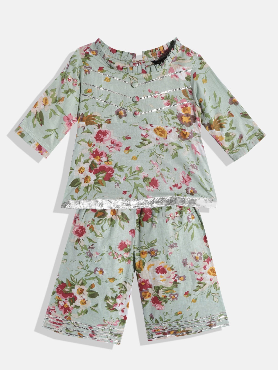 

Readiprint Fashions Girls Sea Green Cotton Floral Printed Gotta Patti Kurti with Palazzos