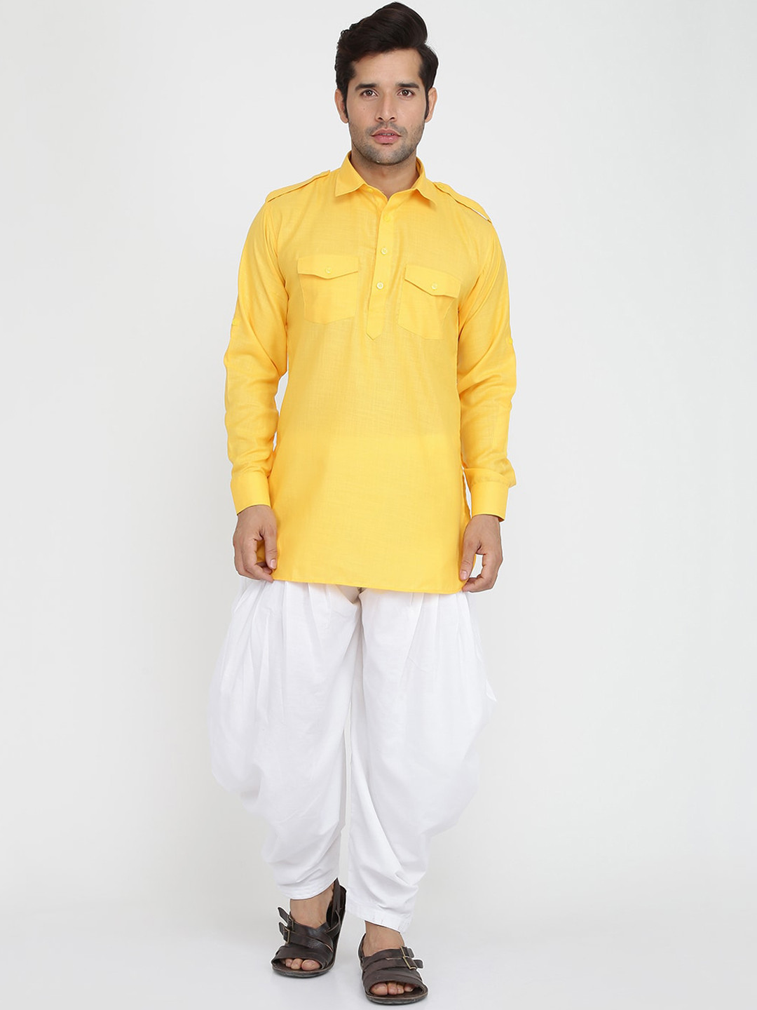

ROYAL KURTA Men Yellow Solid Pathani Kurta