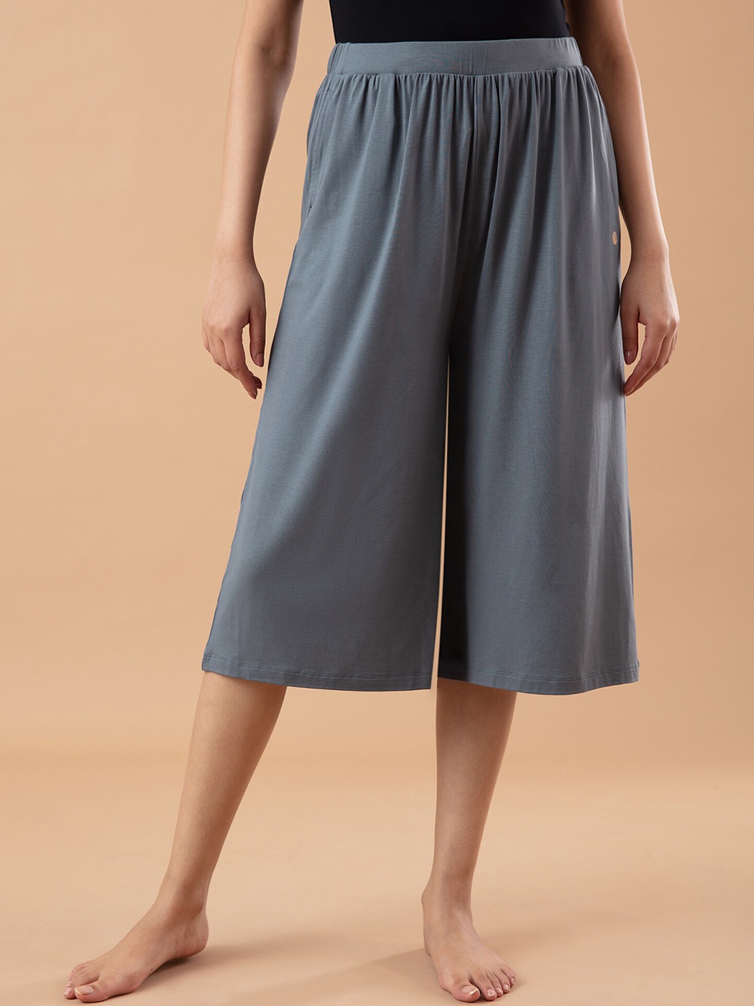 

Nykd Women Grey Flared Easy Wash Pleated Cotton Culottes Trousers