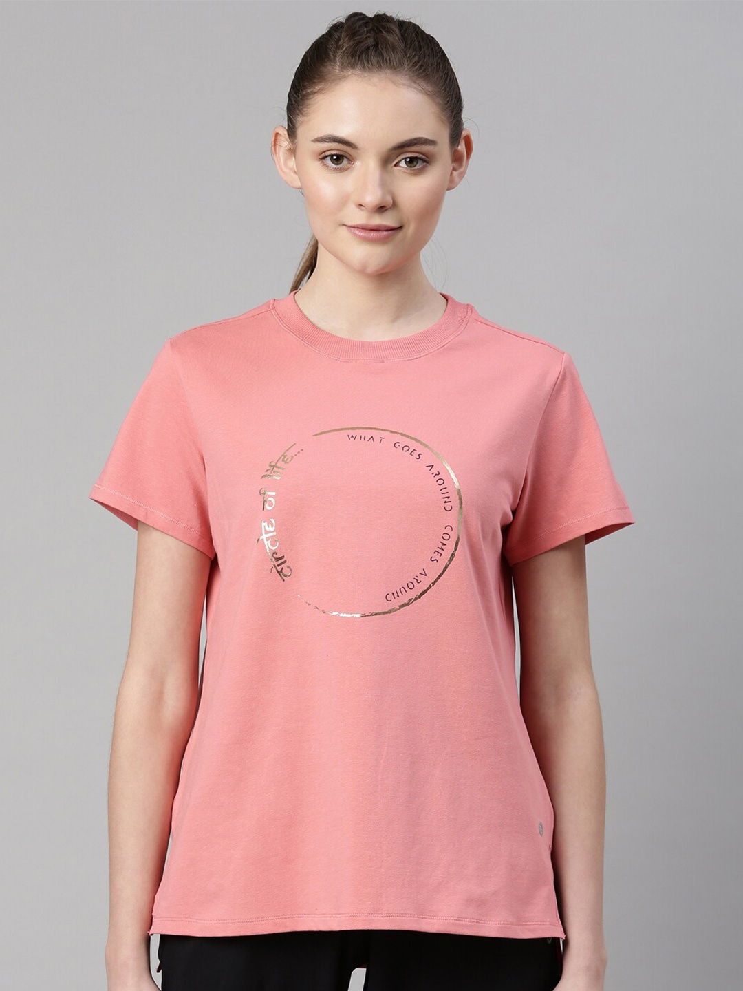 

Enamor Women Peach-Coloured Typography Printed Antimicrobial T-shirt