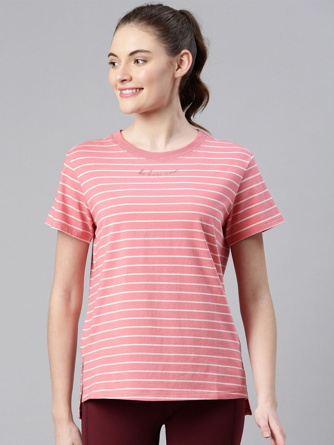 

Enamor Women Peach-Coloured Striped Antimicrobial T-shirt