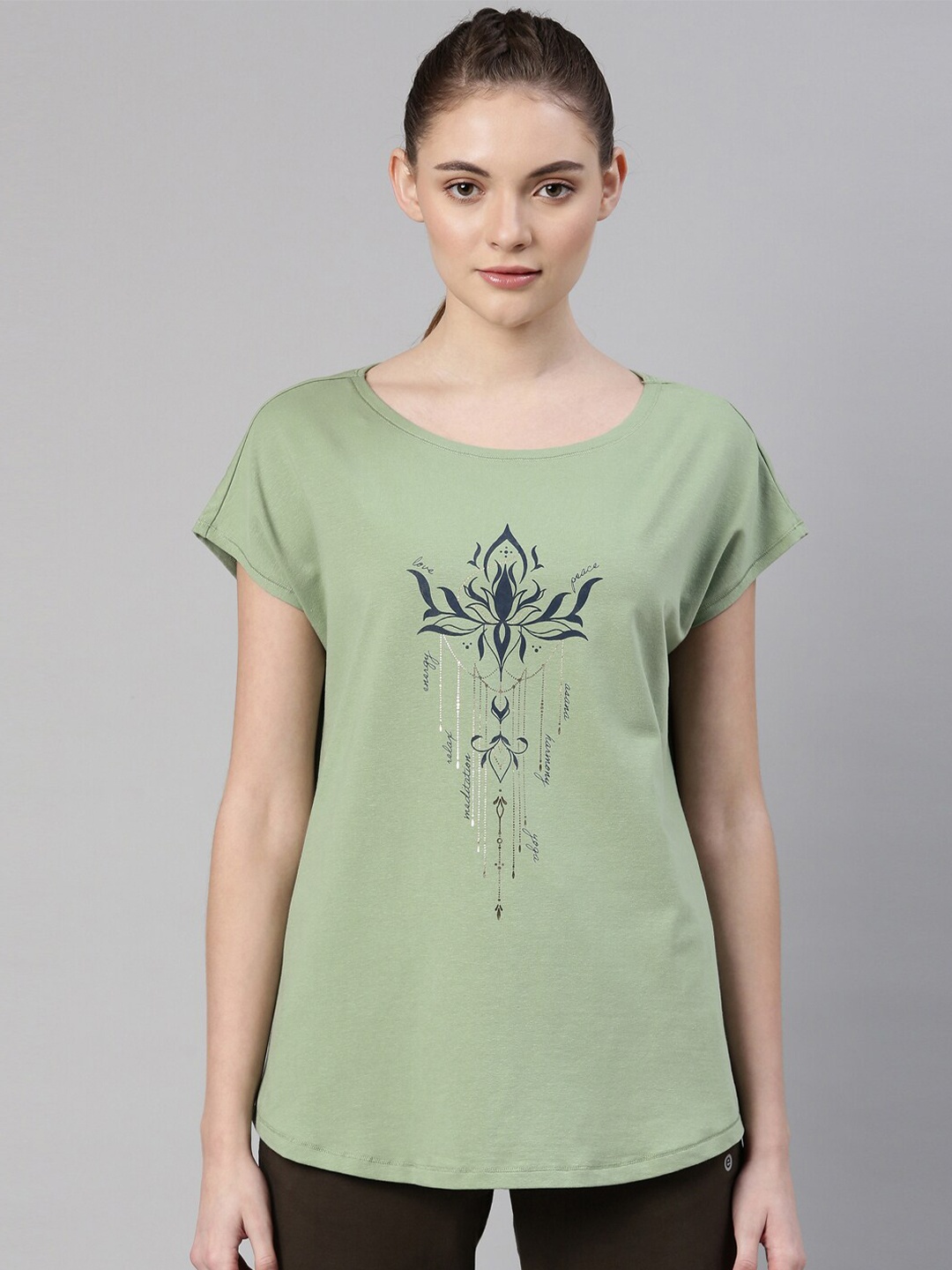 

Enamor Athleisure Printed Extended Sleeves Antimicrobial T-shirt, Green