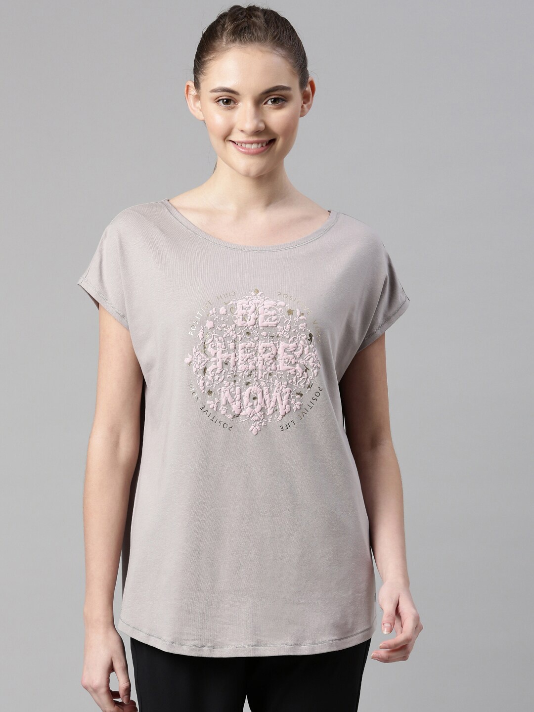 

Enamor Women Grey Typography Printed Extended Sleeves Antimicrobial T-shirt