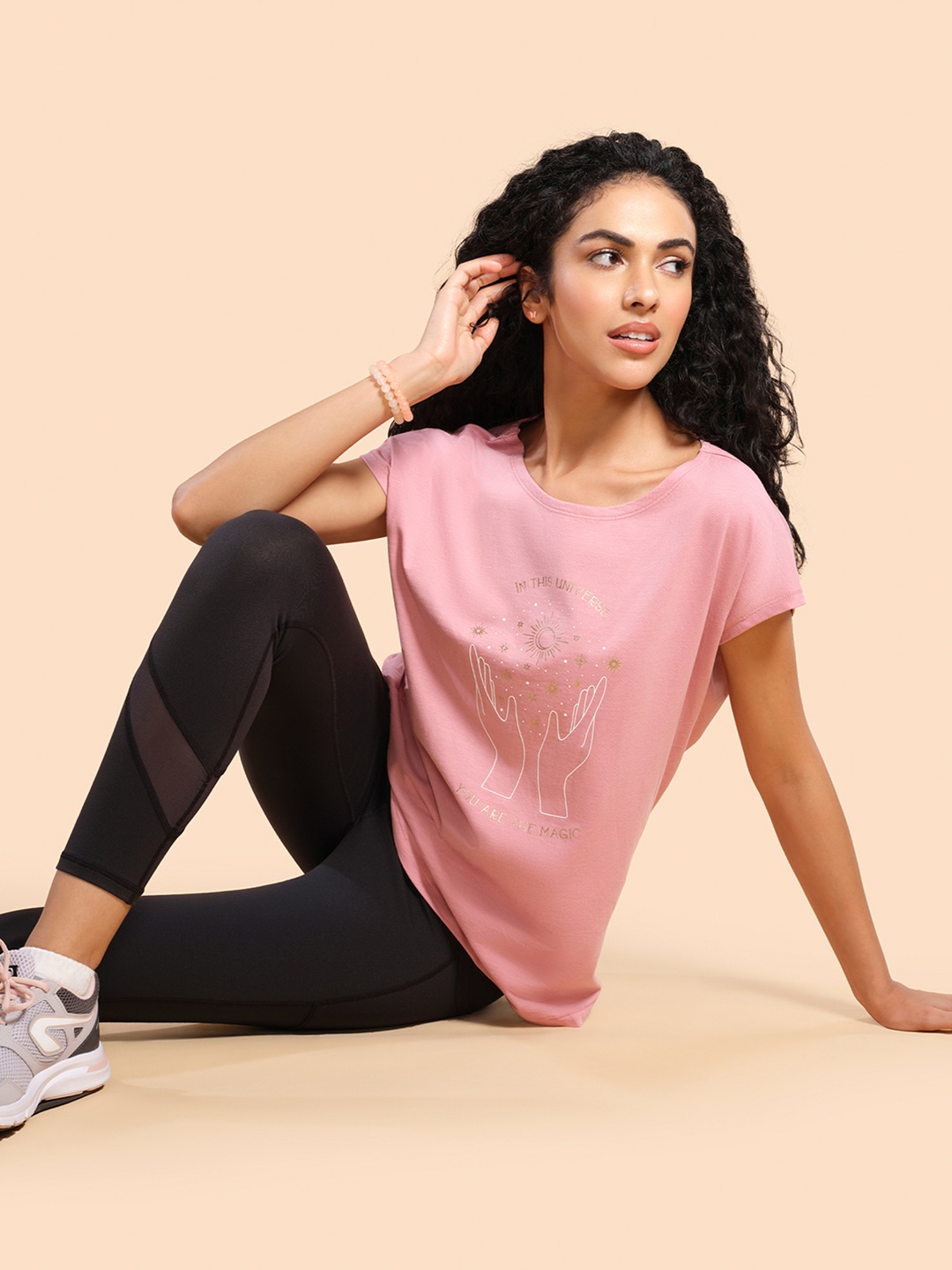 

Enamor Women Pink Typography Printed Extended Sleeves Antimicrobial T-shirt