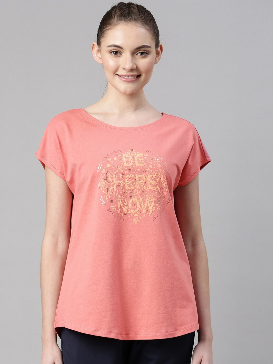 

Enamor Women Pink Typography Printed Extended Sleeves Antimicrobial T-shirt