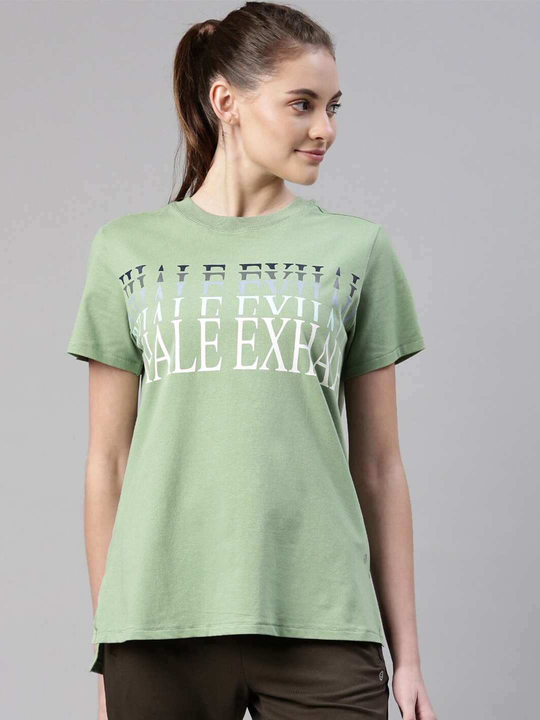 

Enamor Women Green Typography Printed Antimicrobial Raw Edge T-shirt