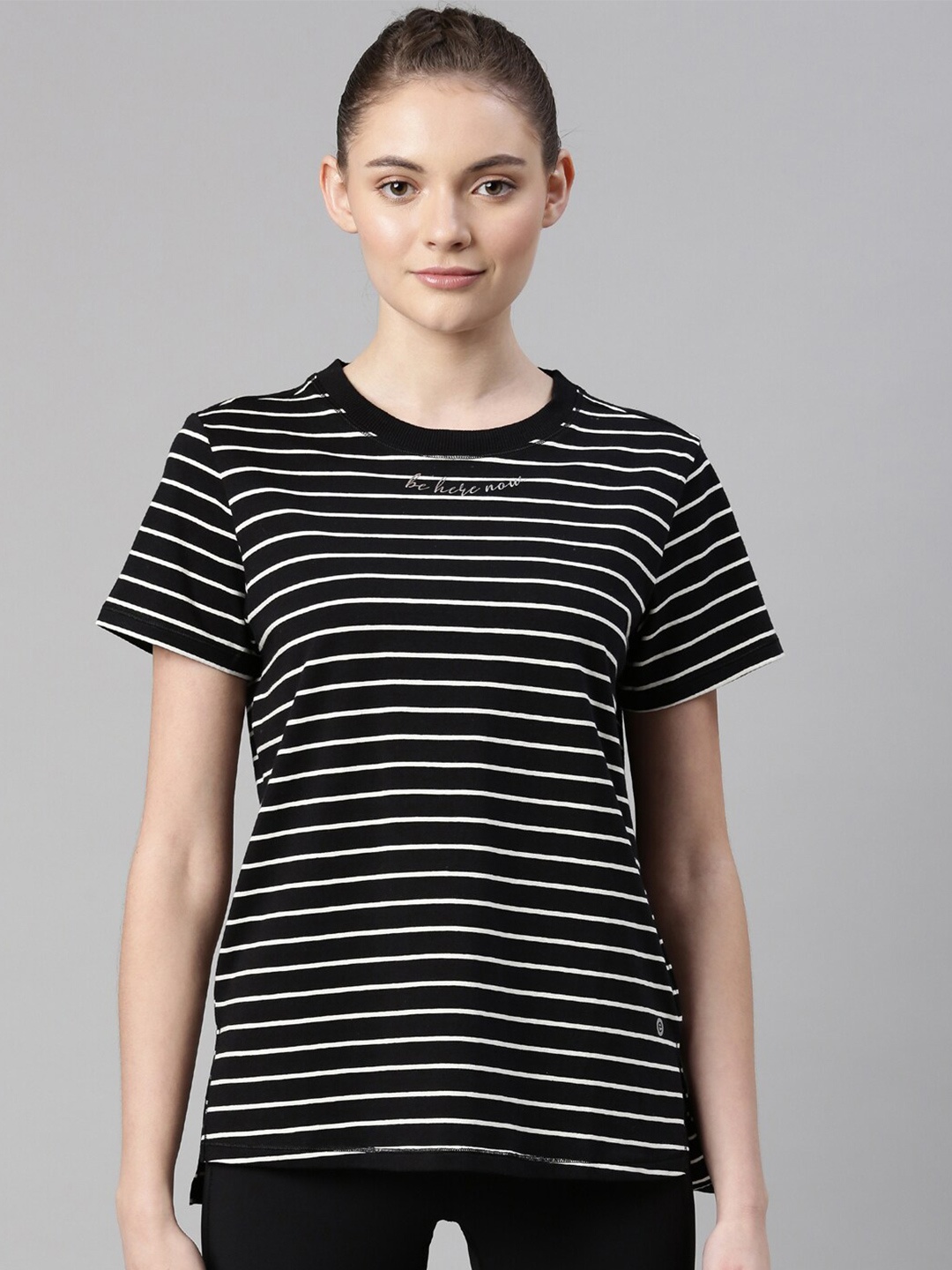 

Enamor Women Black Striped Monochrome Antimicrobial T-shirt