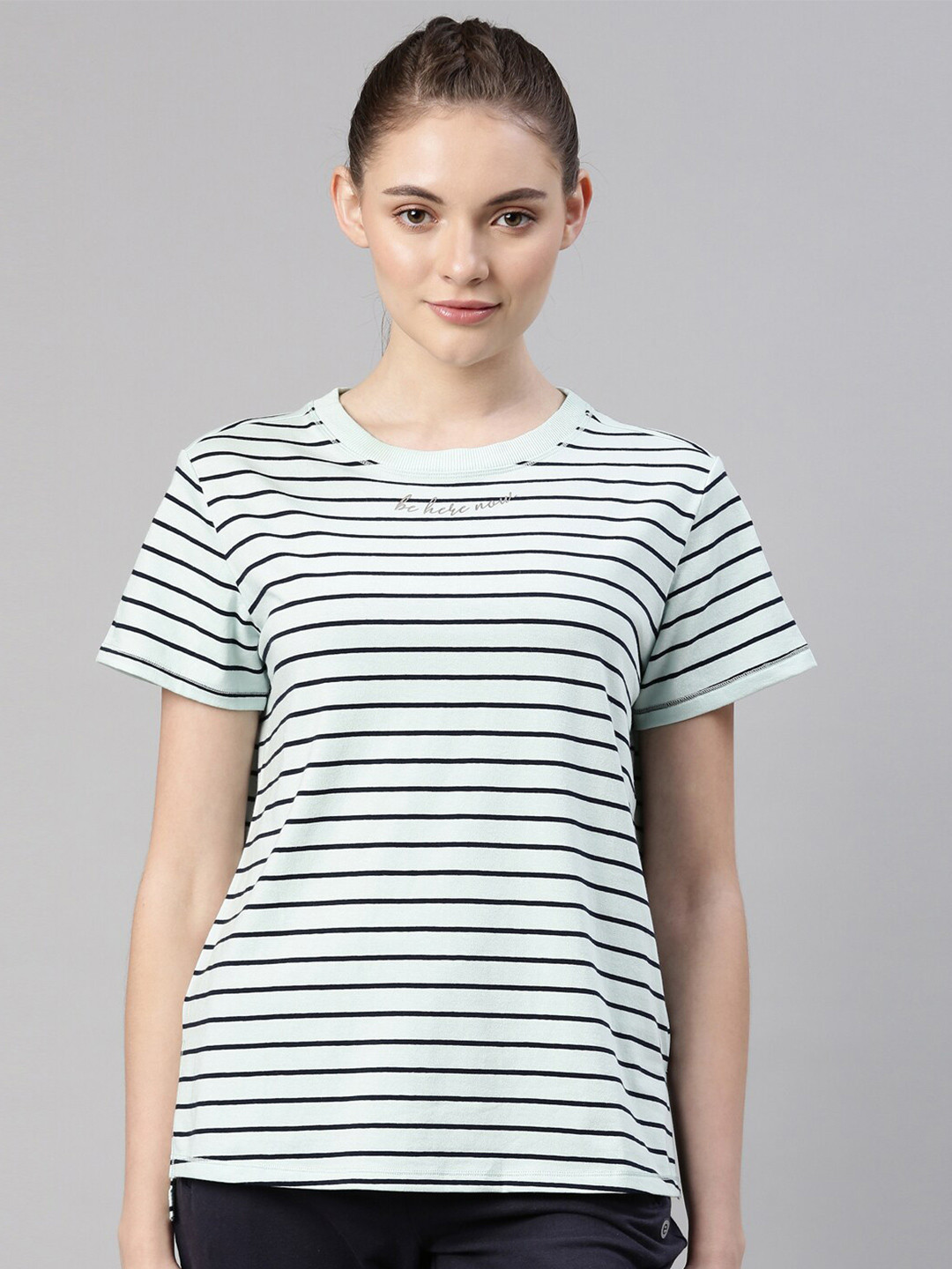 

Enamor Women Blue Striped Antimicrobial Raw Edge T-shirt