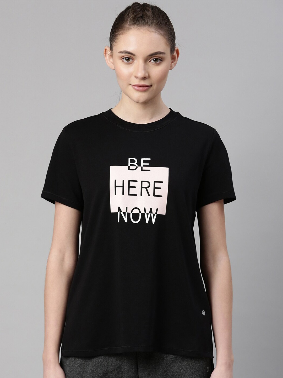 Enamor Women Black Typography Printed Antimicrobial Relaxed Fit T-shirt