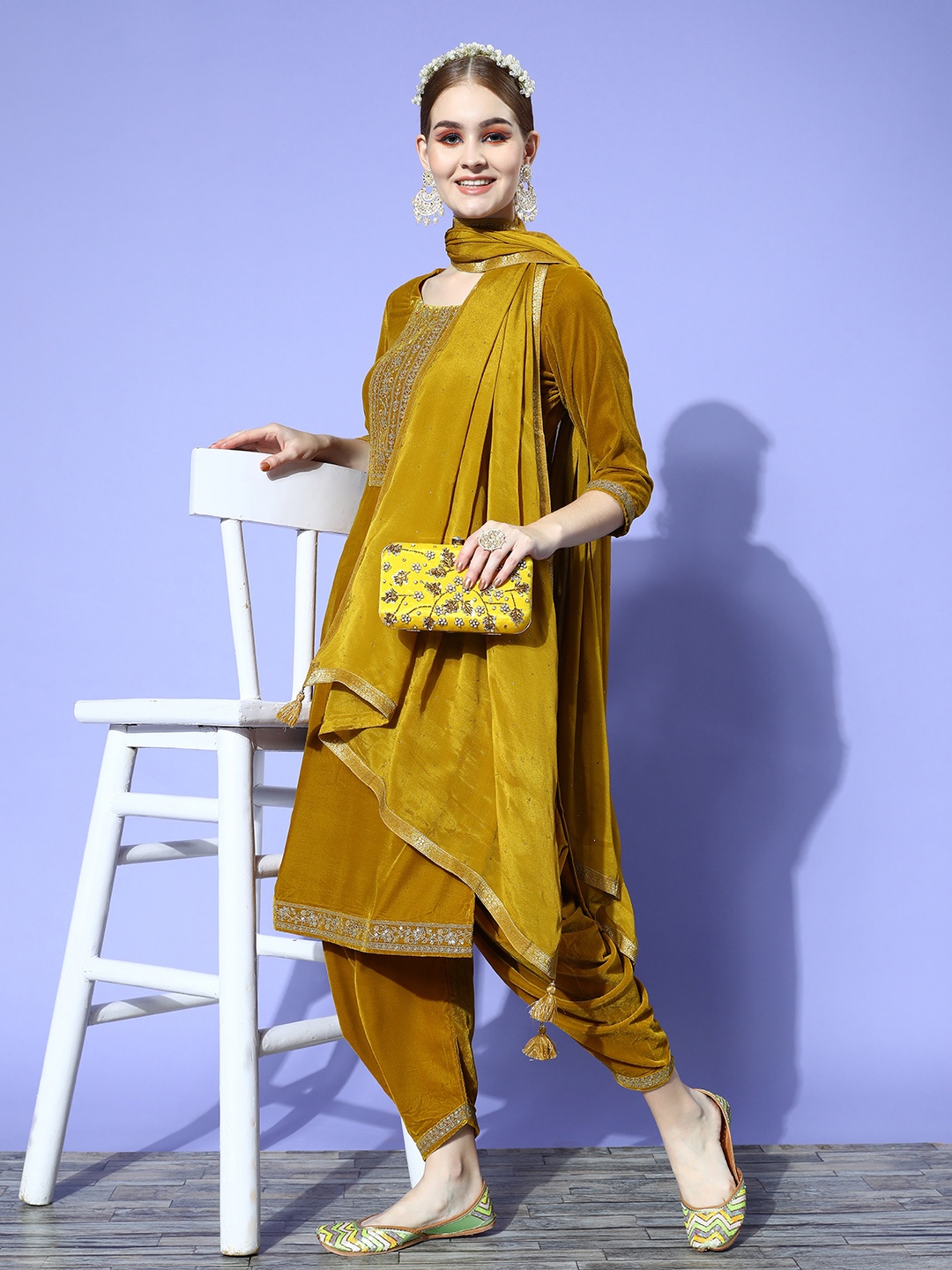 

Libas Women Floral Velvet Fusion Bottom Kurta Set, Mustard