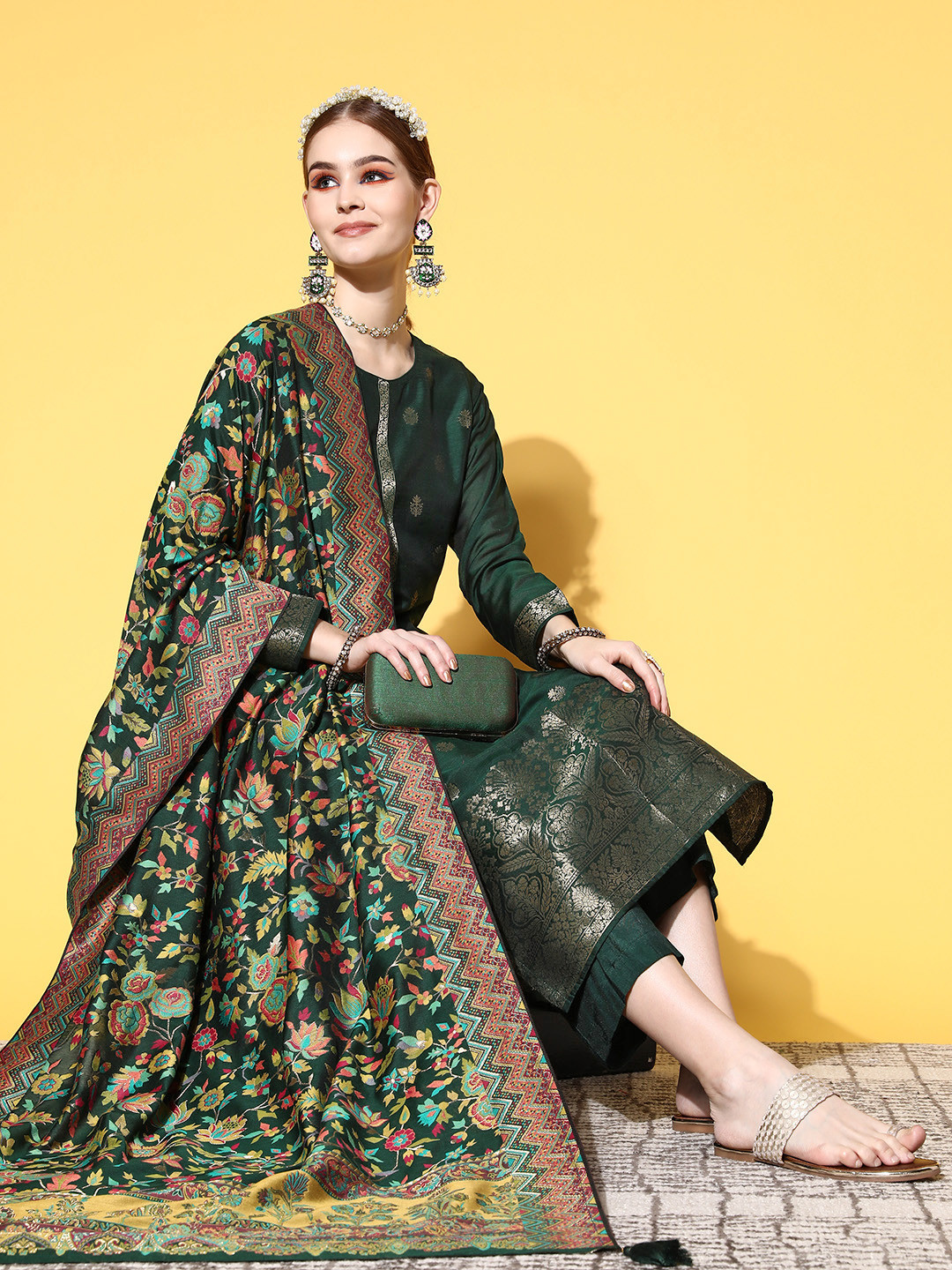 

Libas Women Floral Silk Blend Print Parade Kurta Set, Green