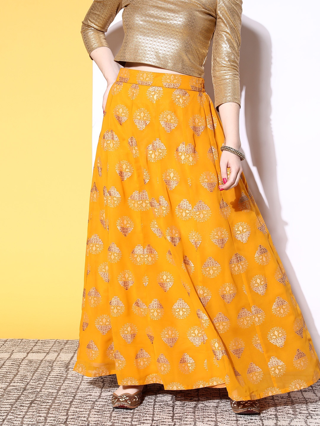 

Libas Charming Mustard Floral Brocade Skirt
