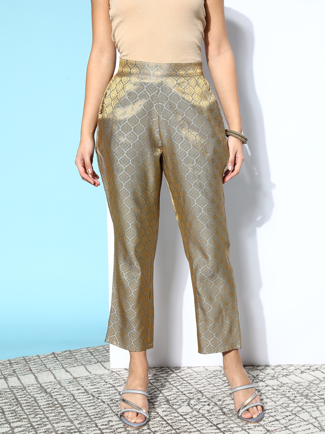 

Libas Women Grey Ethnic Motifs Woven Metallic Trousers