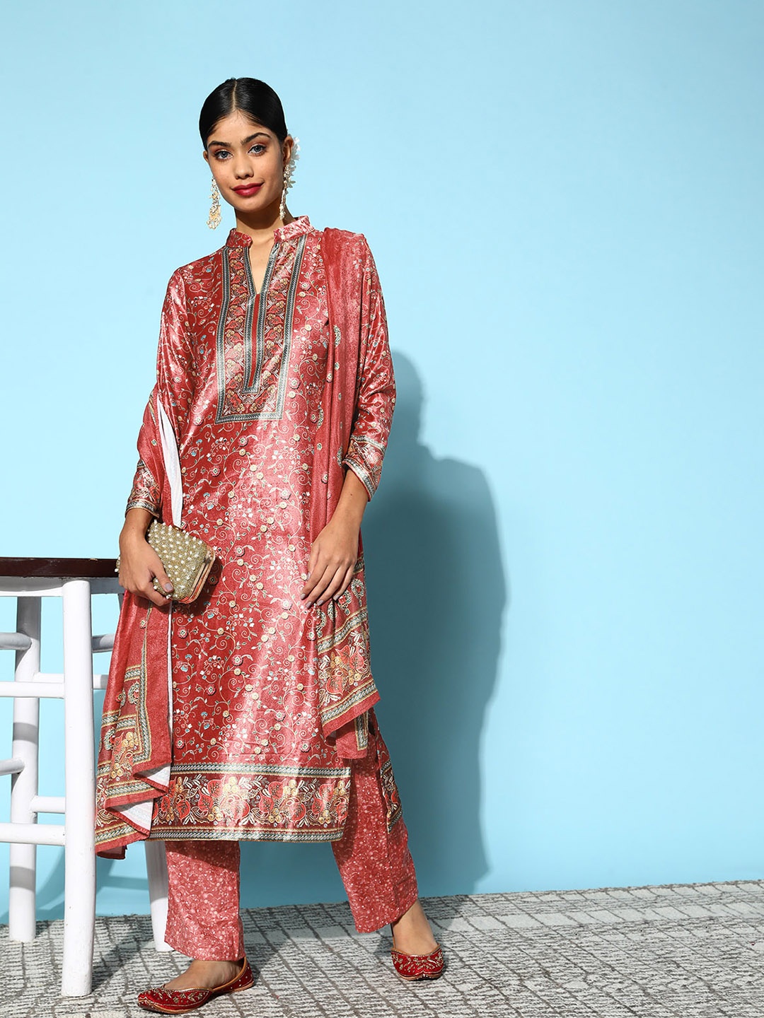 

Libas Women Red Floral Printed Velvet Kurta with Trouser & Dupatta