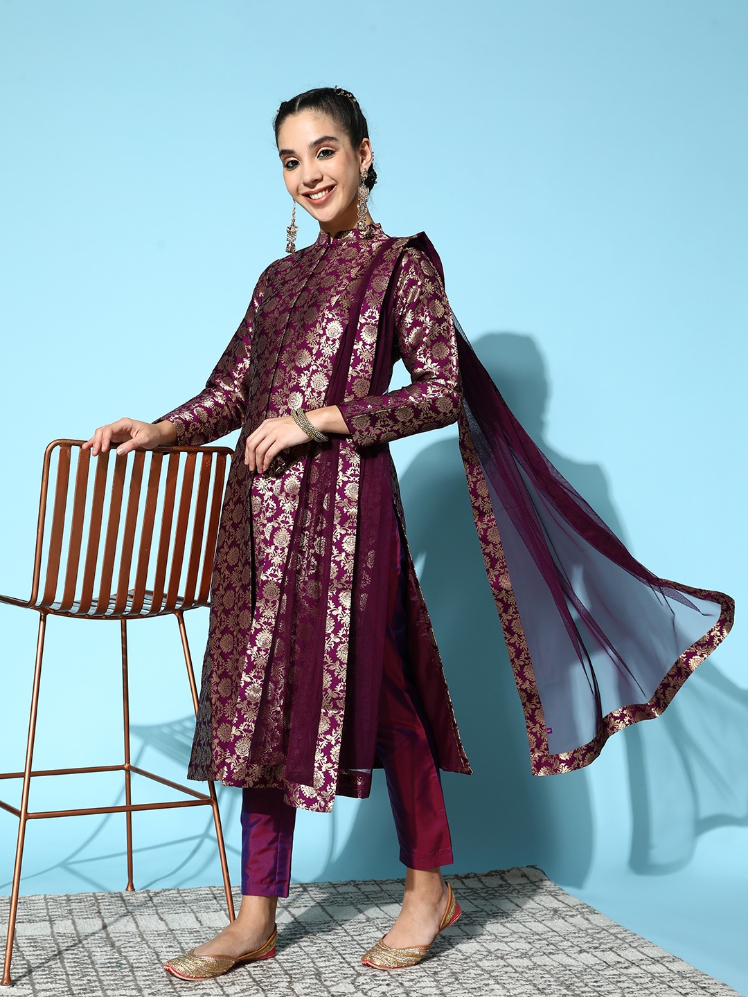 

Libas Women Woven Design Silk Blend Brocade Kurta Set, Purple