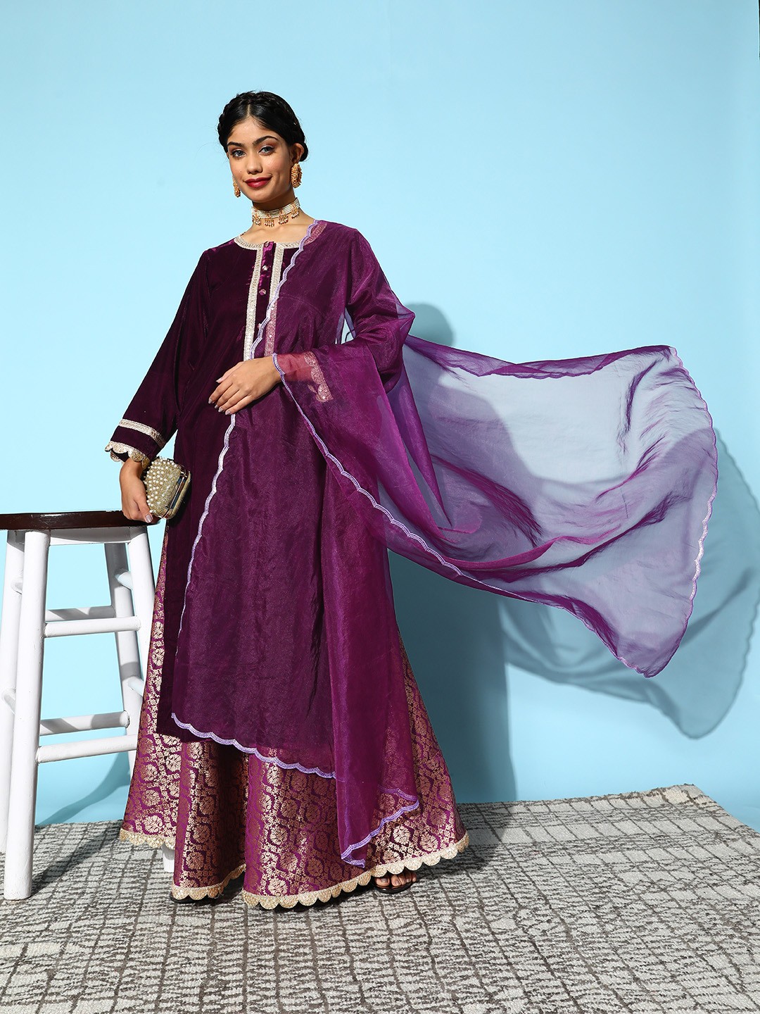 

Libas Women Purple Yoke Design Velvet Kurta with Skirt & With Dupatta